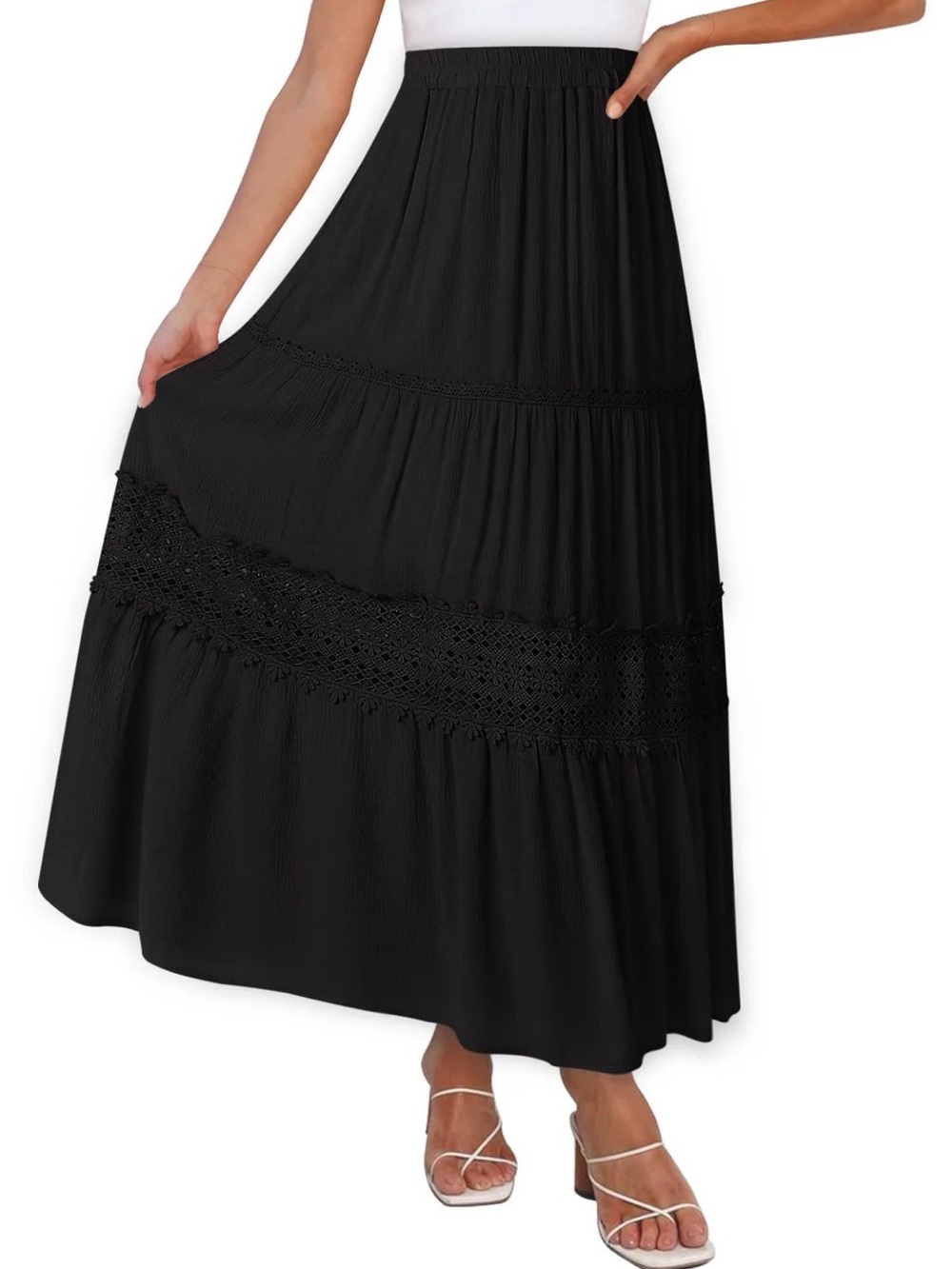ZESICA BOHEMIAN SOLID COLOR LACE TRIM FLOWY MAXI SKIRT